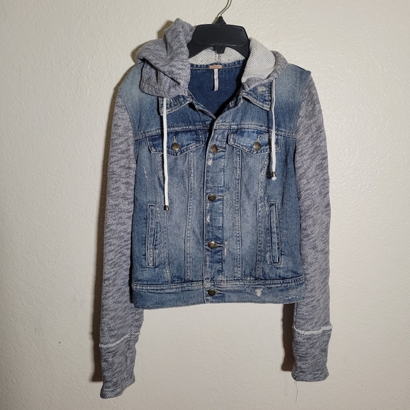 Free People | Distressed Denim Jacket S Grunge Hooded Streetwear Skater Hybrid - Picture 2 of 10
